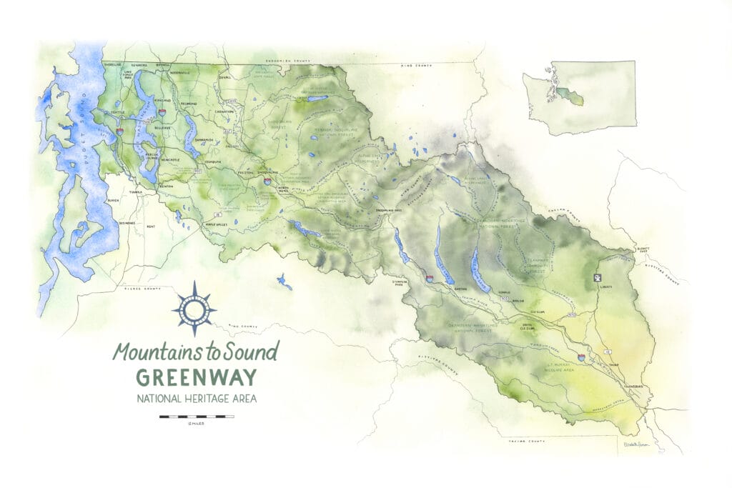 Mountains to Sound Greenway National Heritage Area watercolor map