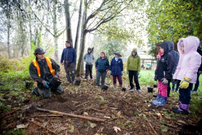 Volunteers gather around at an event