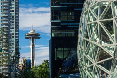 View of Seattle Space Needle with Amazon Sphere in foreground