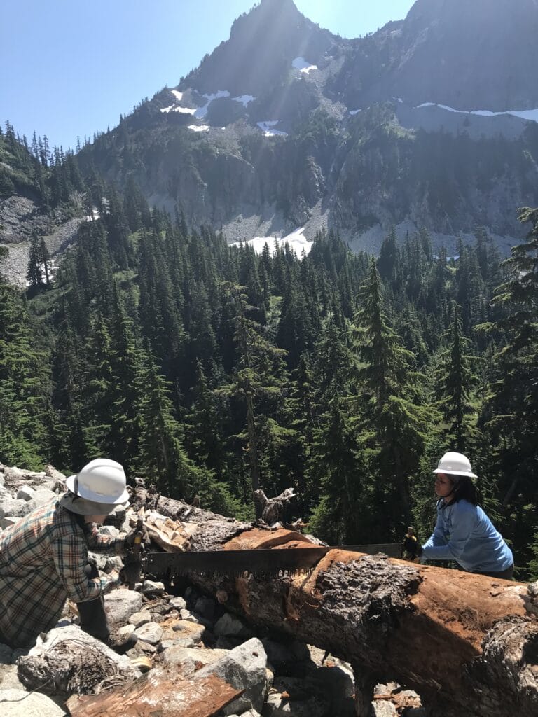 Teo people sawing a log off a cliffside trail