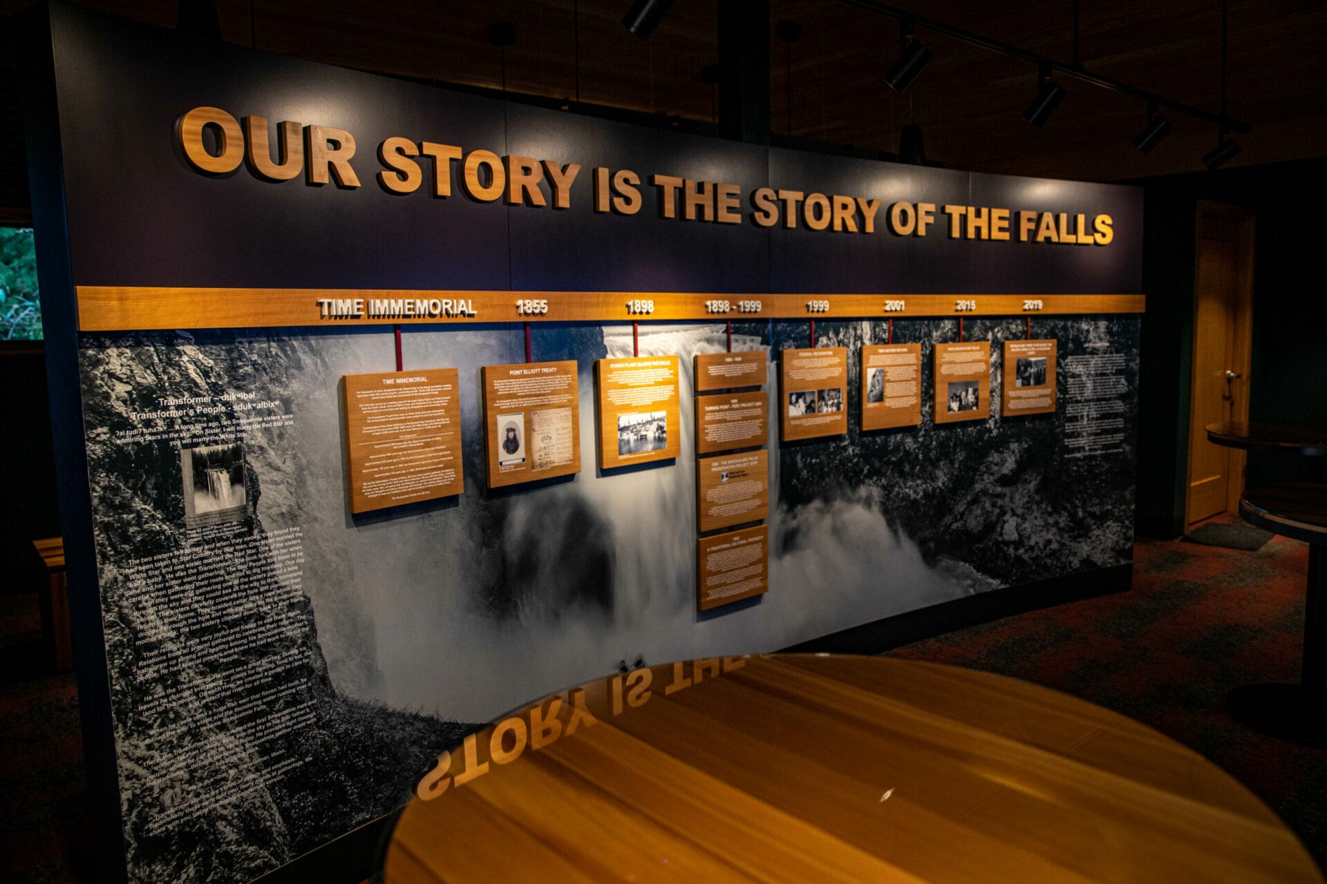 A photo of a Tribal heritage exhibit in timeline format at Snoqualmie Falls